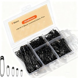 Hudinsun 120 PCS 5 Different Sizes Black Safety Pins Assorted, Small and Large Safety Pins Bulk for Sewing and Clothes