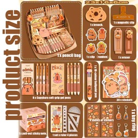 WEZCHUGHAOL Capybara Stationery Set, Cartoon Pencil Bag, Cute Pencil Case with Pens, Clips, Rulers and More, Wide Opening Pen Organiser