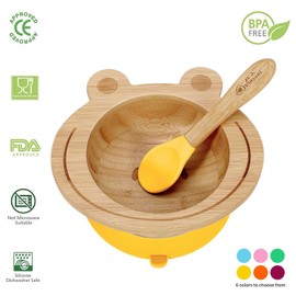 Vinsani Frog Bamboo Bowl and Spoon Set for Baby/Toddler, Frog Shaped Suction Bowl, Stay-Put Design, Hypoallergenic and BPA-Free (Yellow)