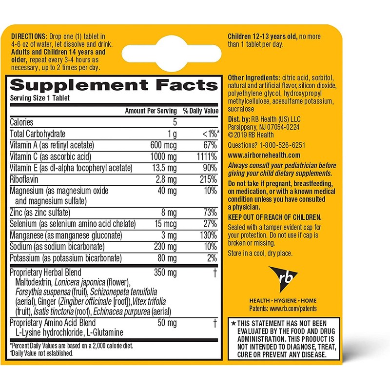 Airborne 1000mg Vitamin C with Zinc Effervescent Tablets, Immune Support