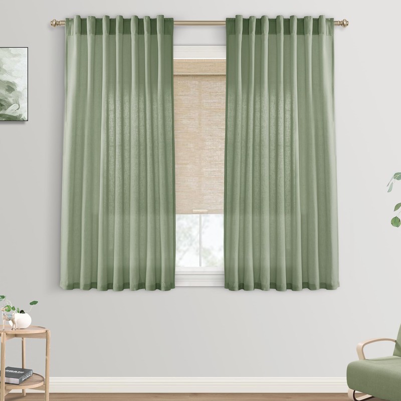 Sage Green Back Tab/Hook Belt Linen Sheer Curtains 45 Inch