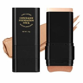 Dual-Ended Foundation & Concealer Stick with Built-in Brush, Long-Wear Matte Korean Full-Coverage Makeup, Waterproof Hydrating Contour for All Skin Tones (04#WHEAT)