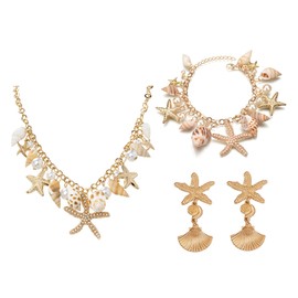 Starfish Seashell Charm Necklace Bracelets Earrings Gold Plated Boho Natural Sea Shell Conch Mermaid Pearl Chunky Statement Jewelry Set for Women Summer Ocean Hawaiian Beach Vacation Fashion Jewelry (Gold)