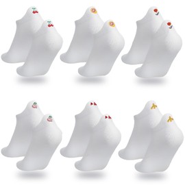 oooaooo 6 Pairs of White Trainer Socks for Women, Funny White Socks, Women's Boat Socks, Summer Socks with Cartoon Embroidered Fruit Motif, One Size