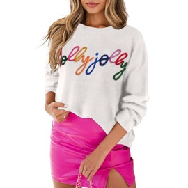 LEMAFER Women's 2024 Christmas Holly Jolly Sweater Round Neck Sequin Tinsel Slogan Sweatshirts Long Sleeve Holiday Pullover Tops White