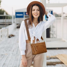 S-ZONE Crossbody Bags for Women Trendy Genuine Leather Small Shoulder Bag Purses with Wide Strap (Light Brown)