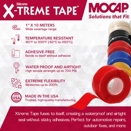 X-Treme Tape MOCAP Heavy Duty Electrical Tape, Self-Fusing Silicone Rubber, Waterproof & Insulating Flexible Tape, Electrical for Hose, Automotive, Outdoor & Repairs - 1" x 10ft Roll - Bright Red