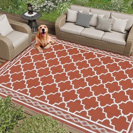 Garvee Outdoor Rug 9x12 Waterproof for Patio Clearance,Large Plastic Straw Mat for Camping,Porch,RV,Reversible Rugs for Deck Entryance Picnic Balcony Beach (Brick red/White)