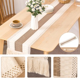 KIOVINO Caminos de Mesa Trenzado a Rayas con borlas, Camino de Mesa Boho de Algodón Tejido a Mano para Fiesta, rústico, Despedida de Soltera, decoración de recámara (Beige, 30 x 220 cm)
