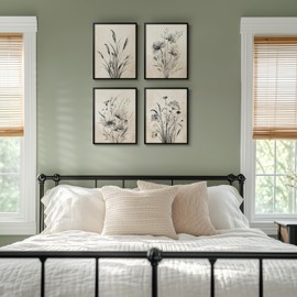 Framed Vintage Black Floral Canvas Wall Art for Bedroom, 4 Piece Rustic Botanical Prints for Bathroom Living Room Kitchen, Natural Flowers Boho Artwork for Modern Farmhouse Wall Decor, 11x14