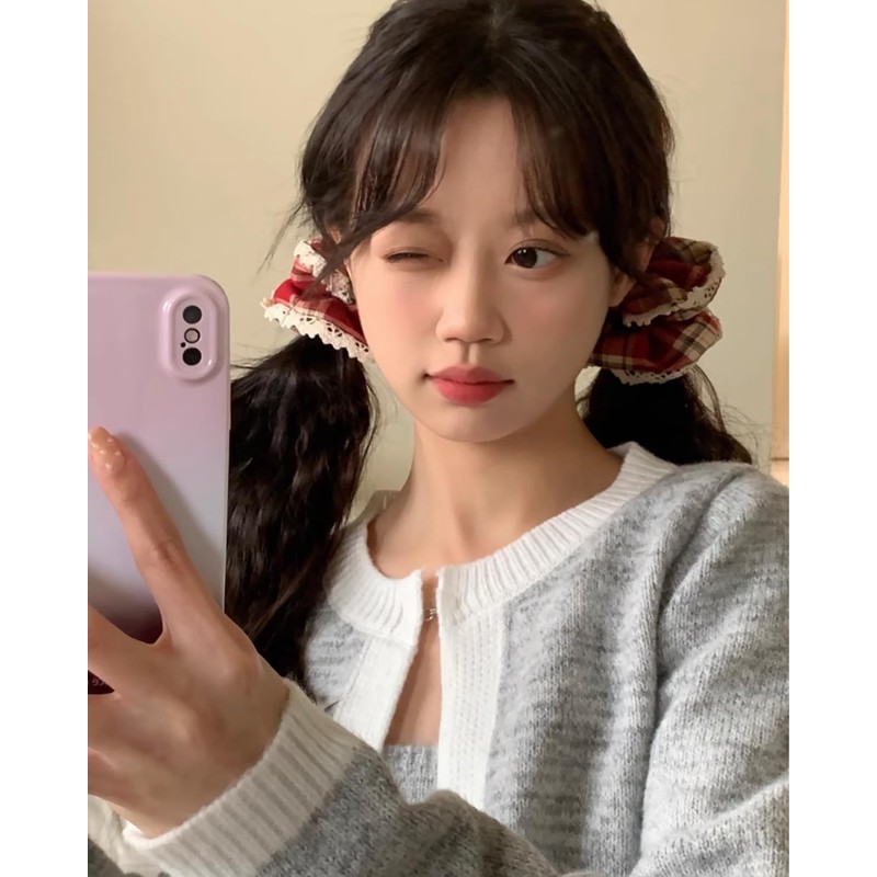 UYRVAPE 3pcs Fabric Hair Scrunchies Grid Pattern, Cotton Lace Hair