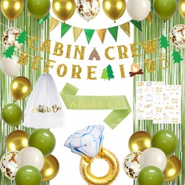 Roetyce Camp Bachelorette Party Decorations, Green Bride To Be Sash Veil Fringe Curtain, Cabin Crew Before I Do Banner Balloons Temporary Tattoos Kit, Camping Themed Bridal Shower Wedding Decorations