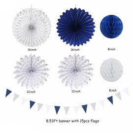 Decoraciones de fiesta de color azul marino y blanco, plateadas, 20 ventiladores de linternas de papel de graduación, pompones de pañuelo, bolas de panal de abeja, panecillos, cumpleaños, despedida de