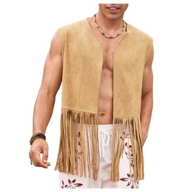 BEAUDRM Men's Fringe Suede Vest Boho Tassel Open Front Sleeveless Western Jacket Outerwear 70s Outfits Khaki X-Large