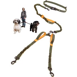 Hands Free Double Dog Leash for Medium Dogs - Dual Dog Leash - Two Dog Leash No Tangle - Dog Leash for 2 Dogs - Double Leash - Leash Splitter - Double Clip Leash Coupler (Medium, Khaki & Orange)