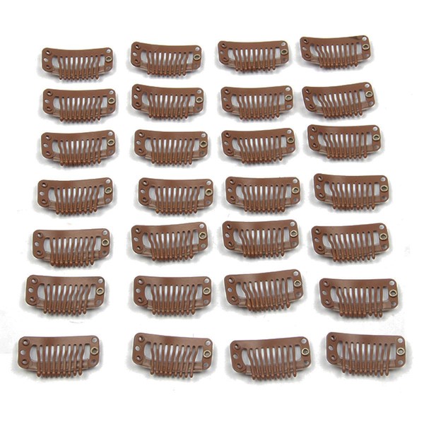20pcs Metal Snap Clips for Hair Extensions DIY Clip in on Hair Extension Wigs 9 Teeth 32mm 1.2g/pc Black Brown Beige Color (Light Brown)