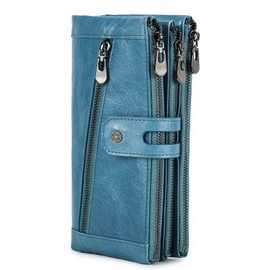 Contacts RFID Mens/Womens Zipper Wallet,Large Capacity Card Coin Holder Phone Holder Multifunction Clutch,4 Zip Purse Genuine Leather (Blue)