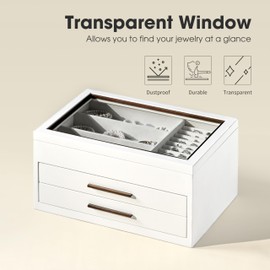 Arlo Belle Jewelry Box for Women, Jewelry Storage Organizer with Glass Lid, 3-Layer Jewelry Organizer, 2 Drawers, Modern Style for Earring, Ring, Necklace, Bracelets