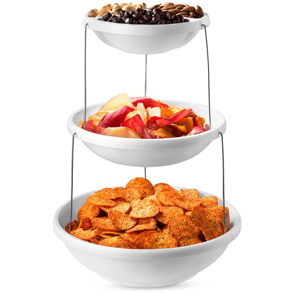 Masirs Collapsible Bowl, 3 Tier, The Decorative Plastic Bowls Twist Down & Fold Inside, Minimal Storage Space, Perfect for Serving Snacks, Salad and Fruit, The Top Bowl is Divided into Three Sections