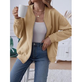 MEROKEETY 2025 Trendy Long Sleeve Full Zip Sweatshirt Cute Bomber Jackets for Teen Girls, Khaki, X-Large