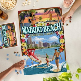 Waikiki Beach, Oahu, Hawaii, Scenes (1000 Piece Puzzle, Challenging Jigsaw Puzzle for Adults, Made in USA)