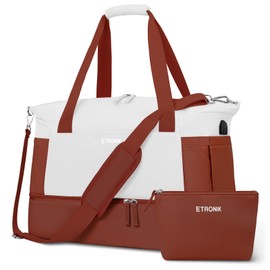 ETRONIK Gym Bag for Women, Travel Duffel Bag with USB Charging Port, Weekender Overnight Bag with Wet Pocket and Shoes Compartment for Women, Travel, Gym, Yoga (Reddish Brown/White)