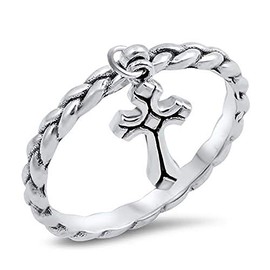DoubleAccent Sterling Silver Braided Rope Band Dangling Cross Promise Ring 12mm (Size 4 to 10), 10