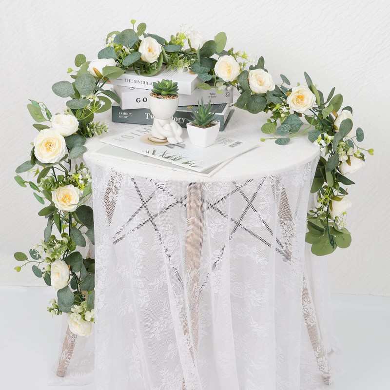 TOCHGREEN 2 Pack 13Ft Artificial Eucalyptus Flower Garland with White