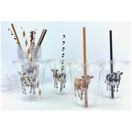 Farm Animal Party Cups with Lids and Straws, 12 oz Disposable Plastic Cups, Cow Design, Set of 12, USA Made
