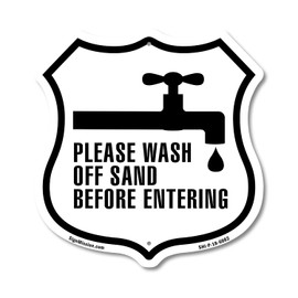Please Wash Off Sand Before Entering 6 inch X 6 inch Shield Shaped Commercial Grade Plastic Sign Weather Resistant Made in the USA