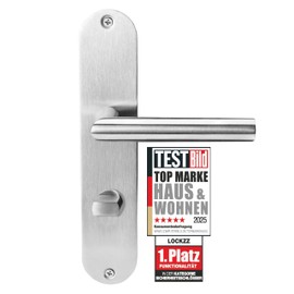 lockzz Door Handle Set Nuremberg Stainless Steel Matt Brushed - Long Plate L Shape for Bathroom Doors & Toilet - Bathroom Door Fitting Set with Toilet Latch & Holding Spring - Renovation Fitting Interior Door