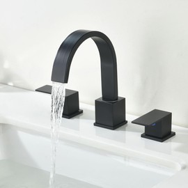 NOHALIPY Widespread 8 Inch Matte Black Bathroom Sink Faucet, Waterfall Black Stainless Steel Bathroom Faucet for Sink 3 Hole, Vanity Lavatory Sink Faucets with Drain & Water Hoses