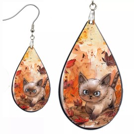 the fun things Autumn Leaves Siamese Cat Earrings Teardrop NO TARNISHING Wood Fall Jewelry