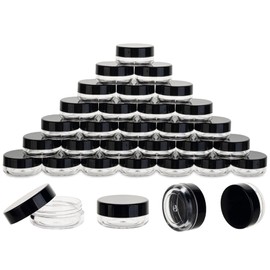 50 Count 3 Gram Sample Containers, Clear Lip Balm Containers with Lids, Small Plastic Sample Jars with 4 Mini Spoons, 50pcs Labels (Black Lid)