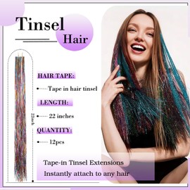 Hair Tinsel Tape in Tinsel Hair Extensions 12 Pcs Sparkly Heat Resistant Glitter Fairy hair Accessories 22 Inch Long Party Festival Colored Hair Extensions for Girls Women (Tricolor)
