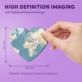 1x Heart MDF Magnet 6cm - Vintage World Map Blue - Fridge Locker Office Whiteboard Toolbox #52386