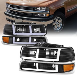 D SOLUTIONS Headlights Assembly Compatible with 1999-2002 Chevy Silverado 1500 2500 3500 HD / 2000-2006 Tahoe Suburban 1500 2500, F-Pattern LED With Bumper Light, Black Housing Amber Corner