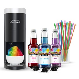 Hawaiian Shaved Ice HomePro Shaved Ice Machine Kit, 3-16oz. Syrup Flavors Cherry, Grape, Blue Raspberry, 50 spoon straws, 3 black pour spouts