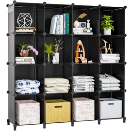 Neprock 16 Cubby Storage Organizer, Closet Clothes Storage Organizer, Cube Shelves Closet Organizers and Storage Shelves for Clothing Storage with Hammer, Bookshelf for Kids（Black）