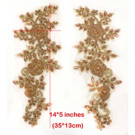 Labellezalady Beaded Rose Flowers &Leaves Rhinestone Pair Applique in Champgane(Rose Gold) for Prom Dress Belt Arts Crafts Sewing decorat (Champgane-A)