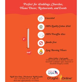 D'Light Online White Mechanical Candle Wax Refills - Small Diameter (Thin) Cartridge Candle Ideal for Church Services, Candlelight vigils and Ceremonies - (Mechanical Refills - Set of 144)