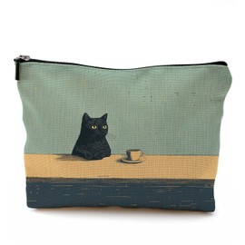 QGFM Black Cat Makeup Bag, Cat Cosmetic Bags for Women, Cats Lover Mom Lady Gifts for Women, Vintage Coffee Black Kitten Zipper Makeup Pouch
