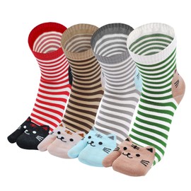 PUTUO Flip Flop Socks Tabi: Women Split Toe Socks Cotton Japanese Geta Socks Ladies Novelty Two Toe Socks with Striped & Cat Pattern, Size 4-9, 4 pairs
