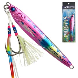 Pristis 2.1 oz Fishing Rigged Jigs, Saltwater Fast Pitch Jigging, Speed Cast Sinking Vertical Lure, Durable Metal Spoon Bait, Deep Sea Fall Flat with Assist Hooks for Tuna Bass Freshwater (Rubine Red)
