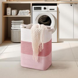 CLHMILY&Z 75L Laundry Basket Rectangular Pink Rope Basket - 16x13x22 Inches - Dirty Clothes Basket and Soft Storage Bin for Blankets, Toys, and Nursery Essentials