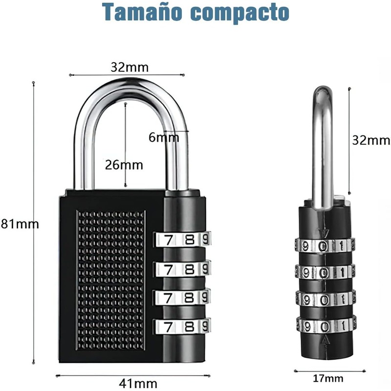 Candado de combinación 4 dígitos, 2 piezas negro y plata