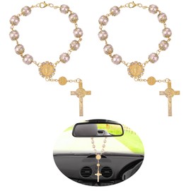 Cobee Car Rosary for Rearview Mirror, 2 Pieces Car Mirror Hanging Cross Auto Rosary Rear View Mirror Pendant Car Hanging Accessories Interior Decors for Women Men (Pink Gold)