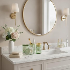Green Glass Bathroom Accessories Set, 4pcs Bathroom Accessory Set, Foaming Soap Dispenser,Toothbrush Holder and 2pcs Qtip Holder with Lid, Bathroom Modern Ribbed Jars Organizer for Decor