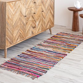 HOMEMONDE Chindi Runner Rug with Fringes 2'x6' Multicolor Recycled Cotton Hand Braided Reversible Boho Rugs for Kitchen, Bedroom, Living Room, Entryway