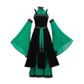 daizbella Medieval Renaissance Dress Costume Viking Elf Off Shoulder Dress with Belt and Sleeves Cosplay Costume